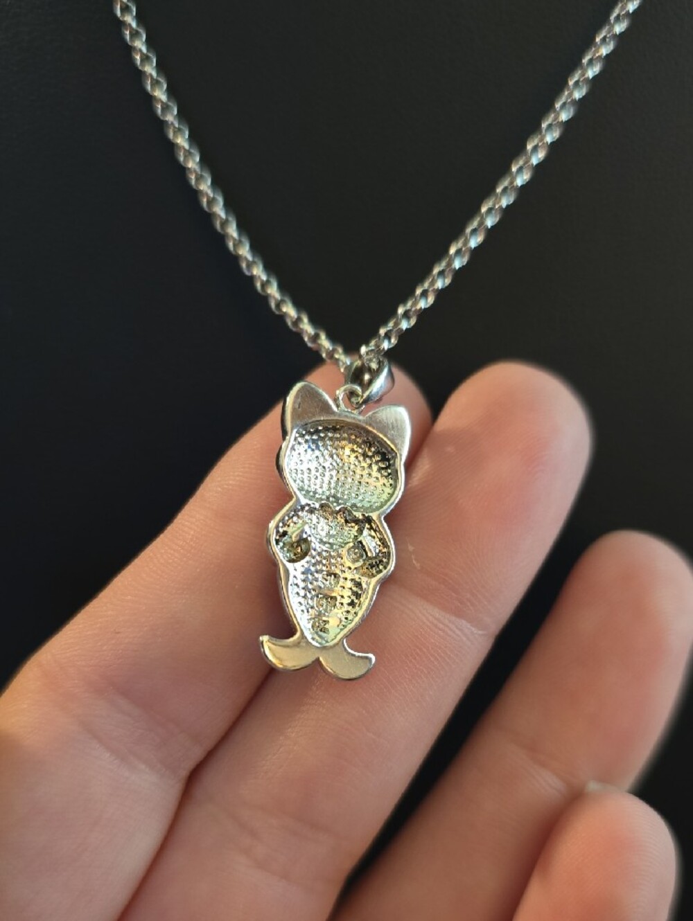 Silver Cat Mermaid Pendant Necklace with Pink and Teal Crystals - Picture 4 of 9